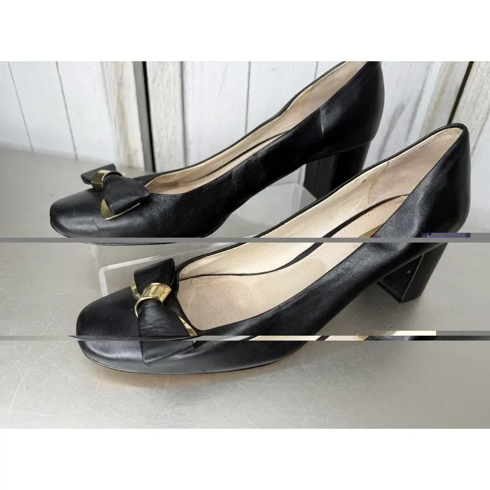 Louise Et Cie Women's Size 8.5 Lo-Lilla Aspen Block Heel Pumps Black Gold & Bow